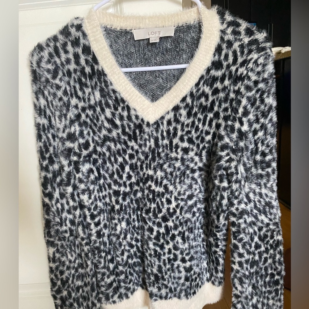 LOFT Black and White V-Neck Sweater with Animal Print
